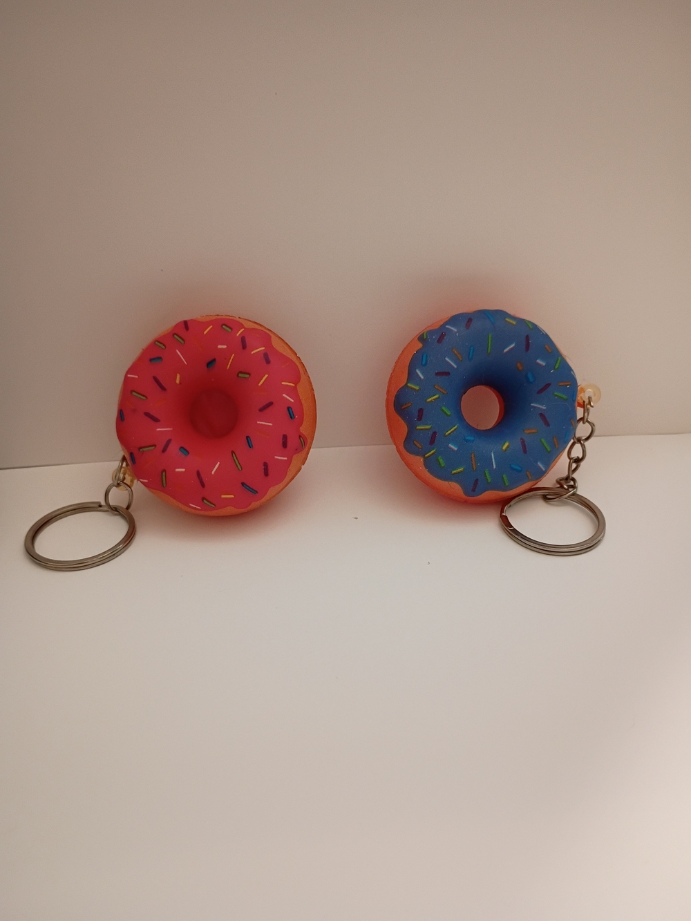 Donut Keychain Pair - Pink & Blue Frosting About 2" Round Rubber Type